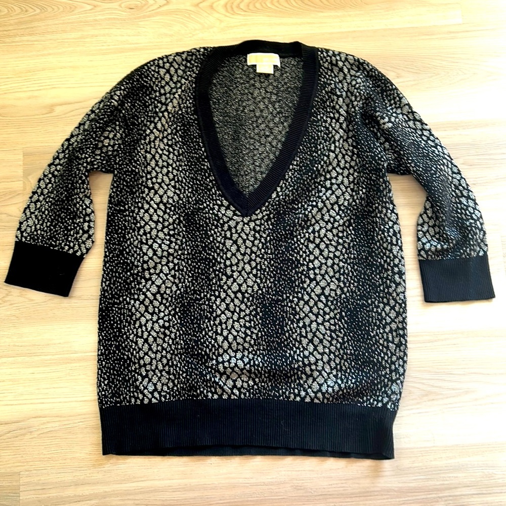 Michael by Michael Kors Knit Sweater L Black Metallic Silver Animal Print Glam